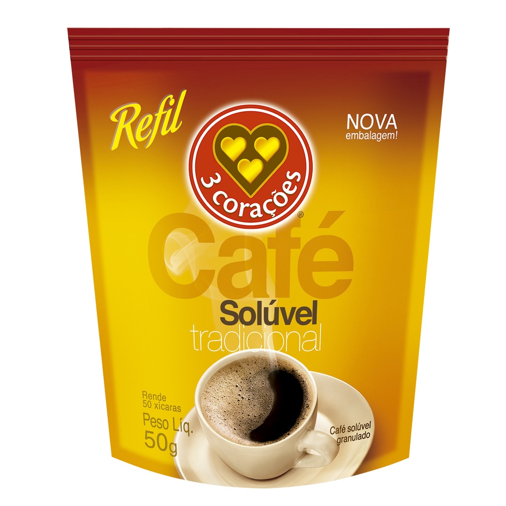 Café Solúvel Tradicional 3 Corações Refil 50 g